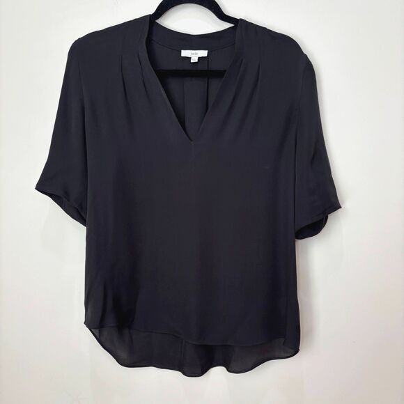 Joie 100% Silk Black Puff Sleeve Blouse L Chiffon Sheer V-neck Flowy Minimalist - Picture 1 of 6